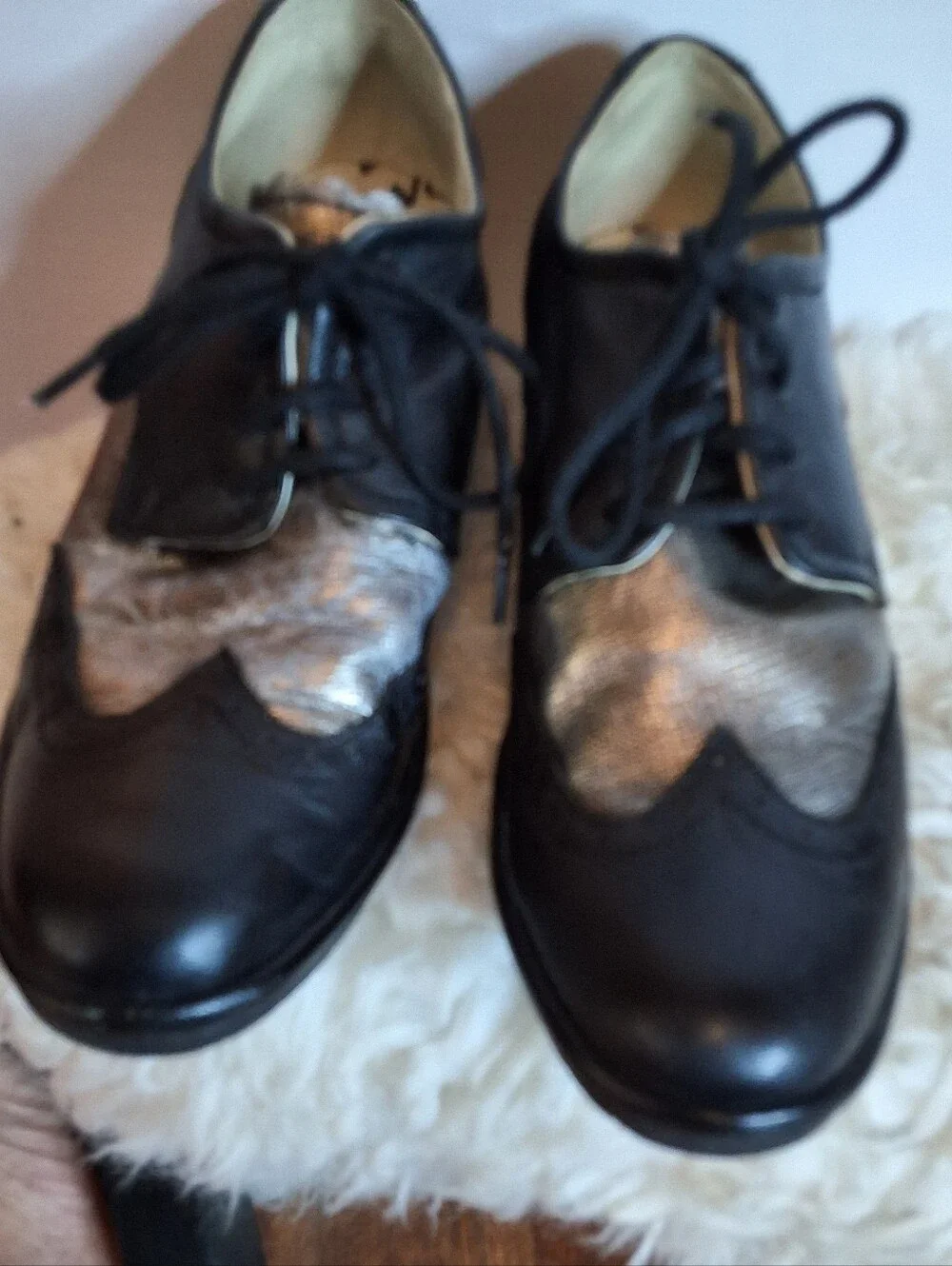 Fly London Black Silver Leather Lace Up Wedge Oxford Shoes Size 40 9- 9.6
